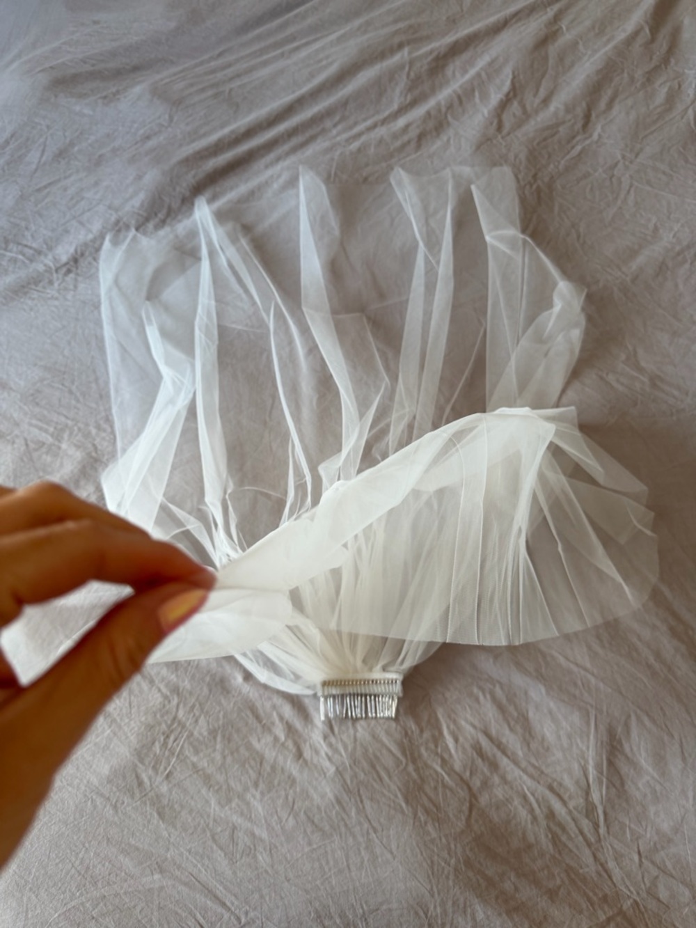 Ivory Fingertip Wedding Veil with Blusher - Picture 12 of 13